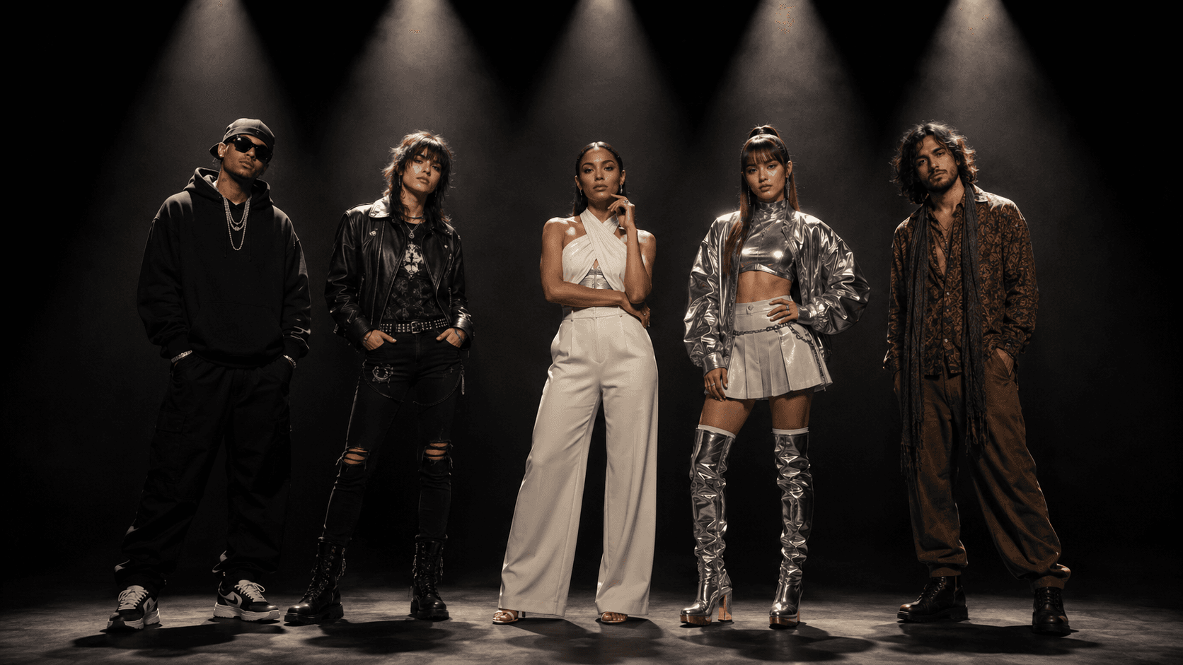 Music artists under stage spotlights